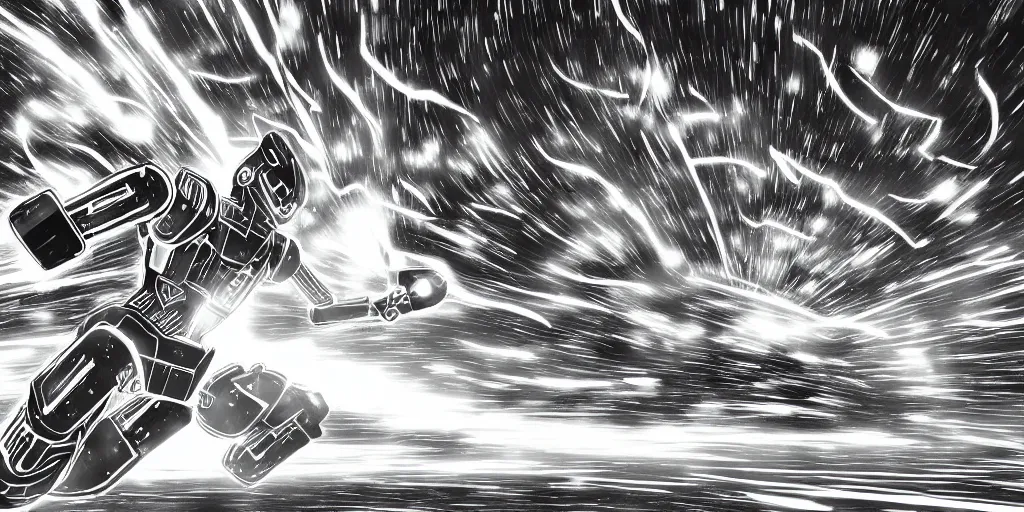 Image similar to a simple black and white pencil storyboard of a giant humanoid athletic sleek futuristic humanoid robot mech powering up as small floating particles swirl around it, lines of energy, going supersaiyan