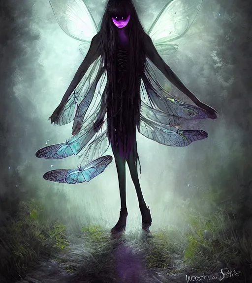 Image similar to gothic fairy with dragonfly wings, digital painting, liminal eerie midnight backlit, a picture taken by Michael Komarck and Karl Simon Gustafsson