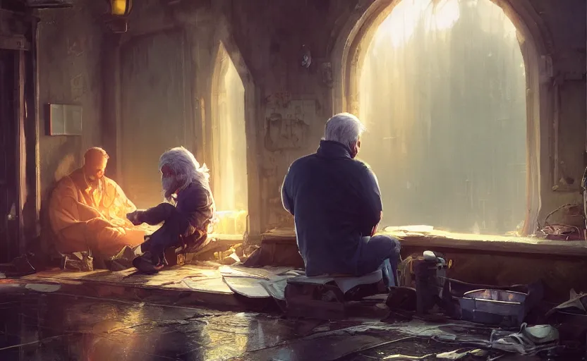 Prompt: highly detailed portrait of joe biden as a homeless, talking to his reflection, stephen bliss, unreal engine, fantasy art by greg rutkowski, loish, rhads, ferdinand knab, makoto shinkai and lois van baarle, ilya kuvshinov, rossdraws, tom bagshaw, global illumination, radiant light, detailed and intricate environment