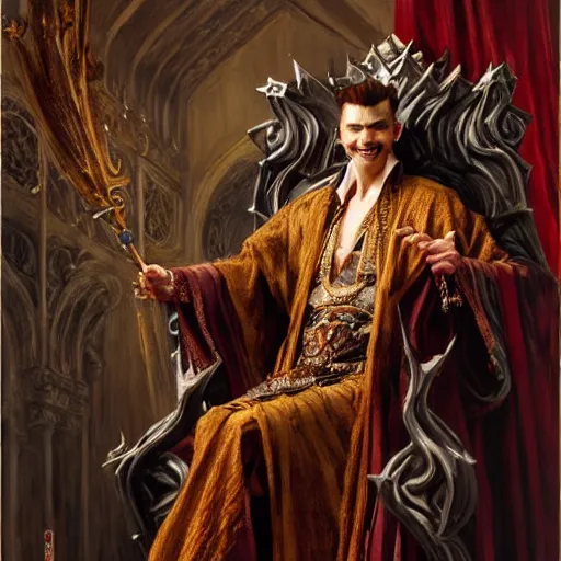 Image similar to perfectly centered portrait of attractive vampire king in a robe sitting on a throne of bones, highly detailed painting by gaston bussiere, craig mullins, j. c. leyendecker, 8 k