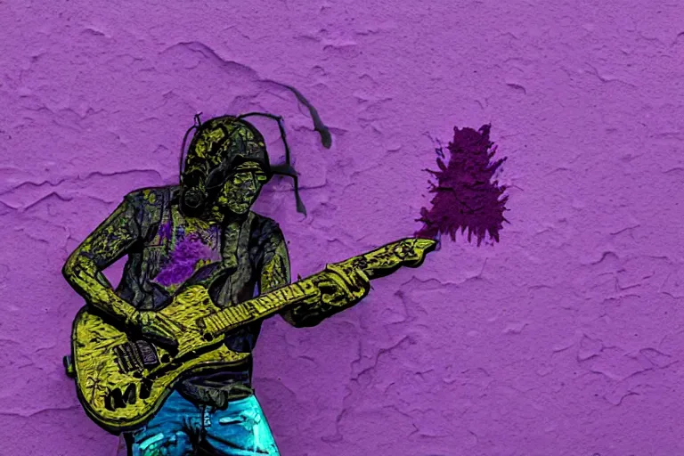 Image similar to dripping purple faded paint across the shape of a human playing guitar, realistic, extremely detailed, coming out of the cyberpunk wall