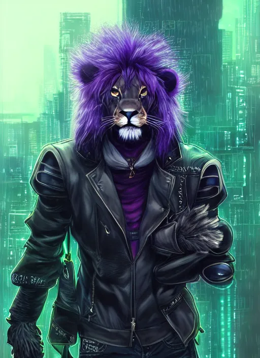 Image similar to award winning beautiful portrait commission of a male furry anthro lion fursona with a cute beautiful attractive detailed furry face wearing stylish black, green and purple cyberpunk clothes in a cyberpunk city at night while it rains. Character design by charlie bowater, ross tran, artgerm, and makoto shinkai, detailed, inked, western comic book art