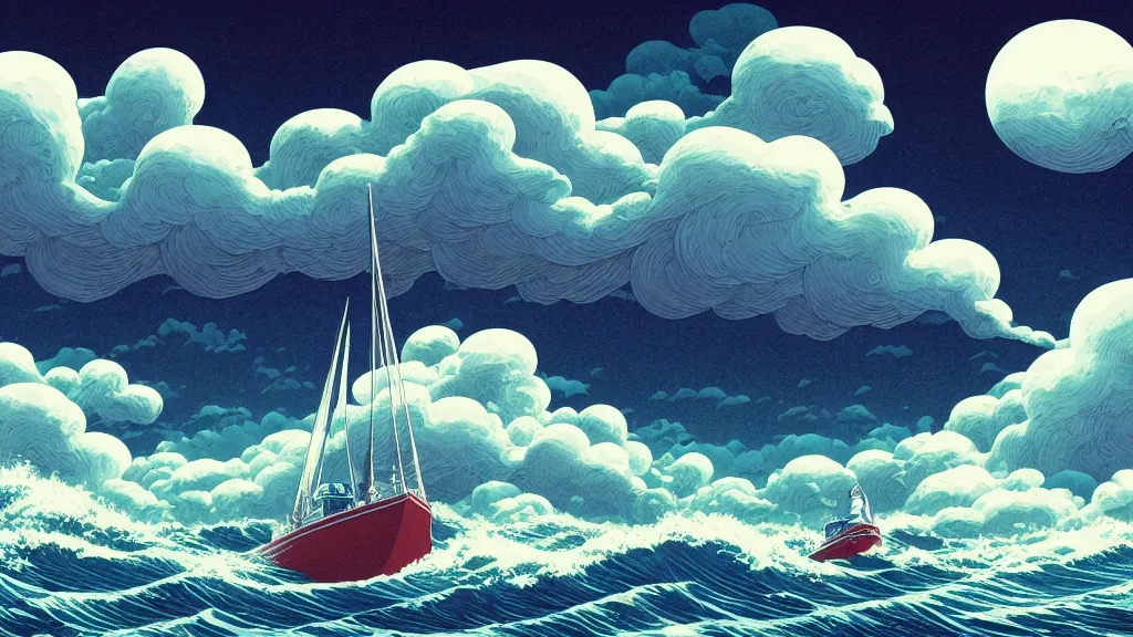 Prompt: highly detailed illustration of high exposure ocean waves at night, cumulonimbus clouds in the sky, futuristic sail boat struggling, by makoto shinkai, by aaron horkey, by moebius, by nico delort, by dan mumford, by otomo, 4 k resolution, realistic colors