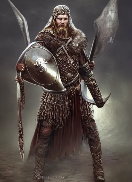 Prompt: aesthetic digital illustration of a kneeling viking warrior, by anne stokes | dirty and bloody, concept art, character concept, matte background. unreal engine, finalrender, centered, deviantart, artgerm