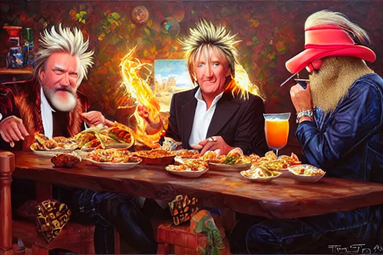 Image similar to rod stewart eating tacos with zz top, an oil painting by ross tran and thomas kincade