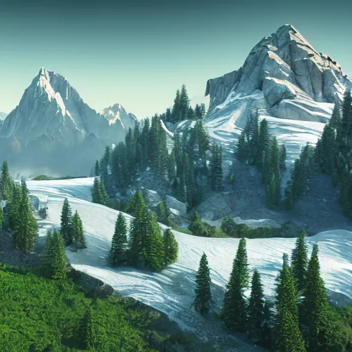 Image similar to epic mountain view, monumental mountains, green valleys with trees, glacier, digital painting, realistic render, 4k, 8k, photography, unreal engine