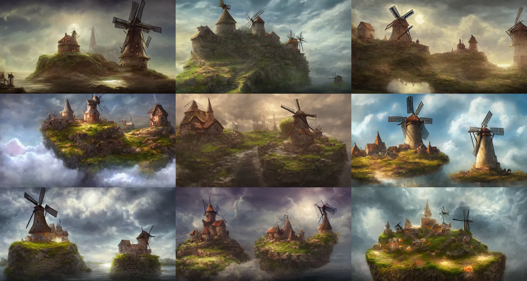 Prompt: A floating island in the clouds with a small medieval village and a windmill on top of it, D&D, magical, highly detailed, digital painting, trending on artstation, 8k ultra realistic, atmosphere, glow, detailed, cinematic lighting, full of color