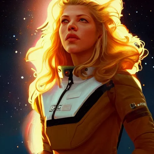 Prompt: a close-up of Katheryn Winnick as an astronaut, dramatic backlighting, golden hour, kodachrome, high contrast, highly detailed, sharp focus, digital painting, concept art, illustration, trending on artstation, art by greg rutkowski + greg hildebrandt + alphonse mucha