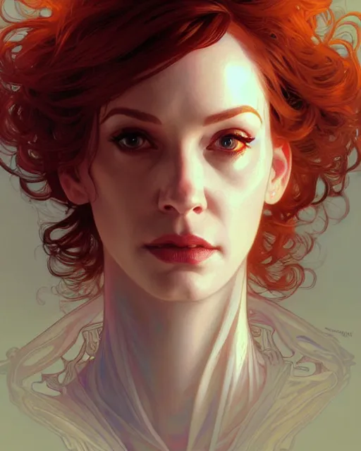 Image similar to portrait of christina hendricks as a robot in ex machina, cyberpunk machine, machine face, robed, upper half portrait, decorated, intricate intense elegant highly detailed digital painting artstation concept art smooth sharp focus illustration, art by artgerm and greg rutkowski alphonse mucha 8 k