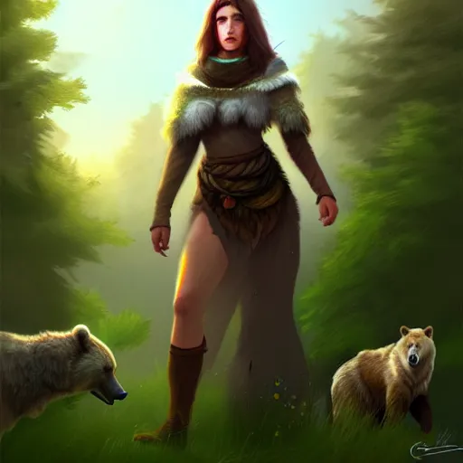 Prompt: a pretty female druid surrounded by wolves, bears, and birds, digital painting, photorealistic, in the style of greg rutkowski, full body, detailed face