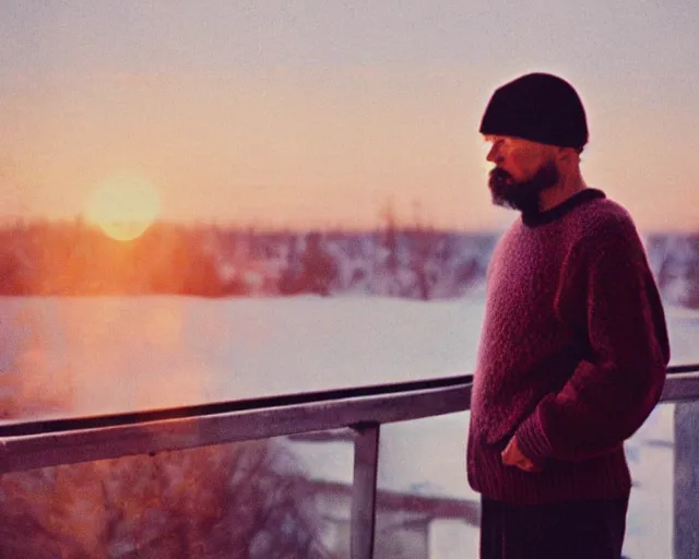 Image similar to lomographic tarkovsky film still of 4 0 years russian man with beard and sweater standing on small hrushevka 9 th floor balcony in taiga looking at sunset, perfect faces, cinestill, bokeh