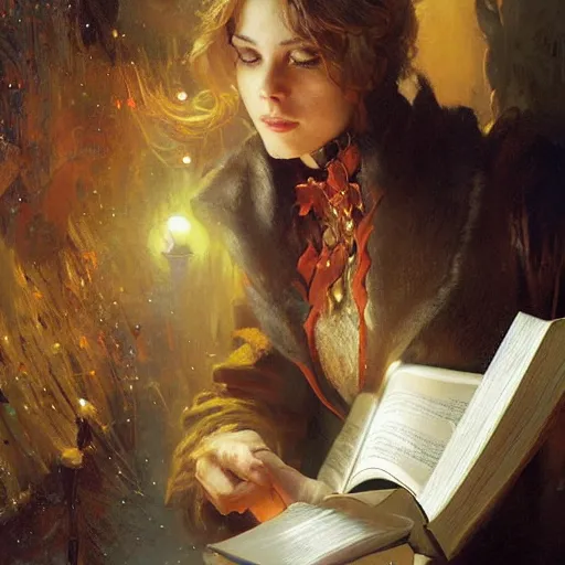 Prompt: stunning female master wizard having magical book, highly detailed painting by gaston bussiere, craig mullins, j. c. leyendecker, 8 k