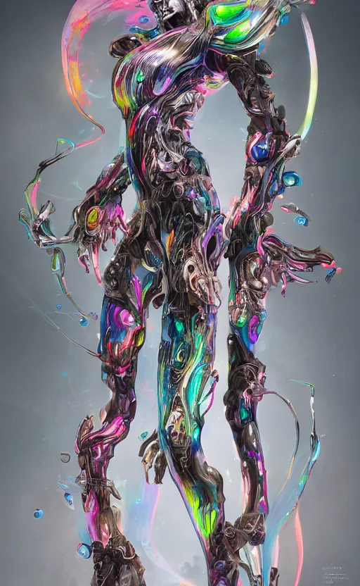 Image similar to hard surface form fused with organic form fashion outfit design, rainbow iridescent accents, full body frontal view, Peter mohrbacher, zaha hadid, tsutomu nihei, emil melmoth, zdzislaw belsinki, Craig Mullins, yoji shinkawa, trending on artstation, beautifully lit, hyper detailed, insane details, intricate, elite, ornate, elegant, luxury, CGsociety, hypermaximalist, golden ratio, octane render, weta digital, micro details, ray trace, 8k