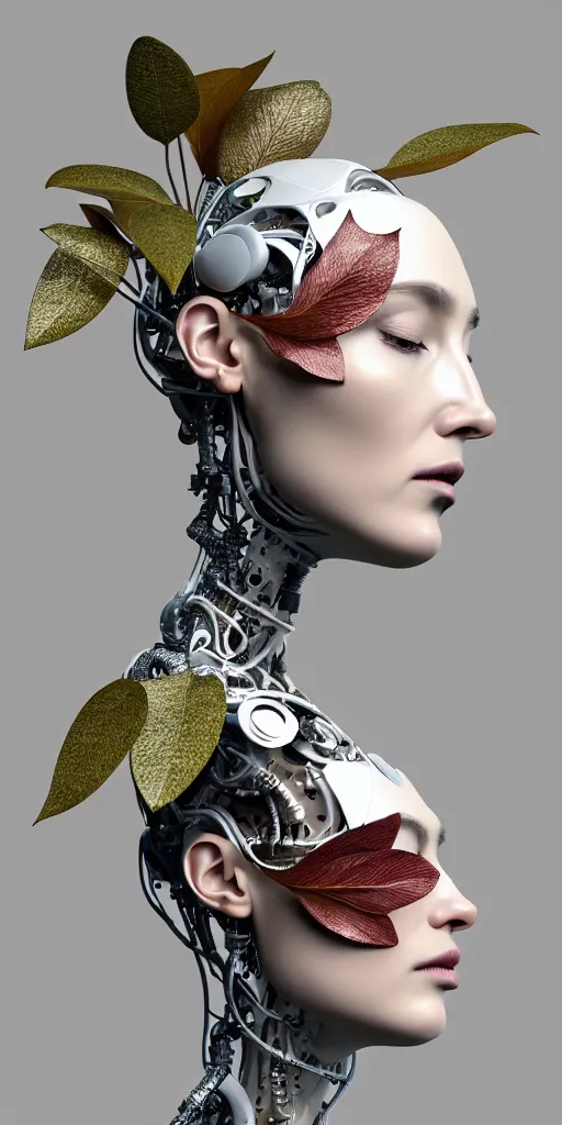 Prompt: complex 3d render ultra detailed of a beautiful porcelain profile woman face, mechanical vegetal cyborg, robotic parts, 150 mm, beautiful studio soft light, 3 point lighting, spot light, rim light, silver gold red details, luxurious, high tech gadget, cyberpunk, magnolia big filigran leaves and stems, roots, Alexander Mcqueen haute couture, fine foliage lace, lumiol, mesh wire, filigran metallic intricate details, hyperrealistic, mandelbrot fractal, anatomical, silver metal armor, facial muscles, cable electric wires, microchip, elegant, beautiful background, beautiful white teeth, octane render, H.R. Giger style, 8k