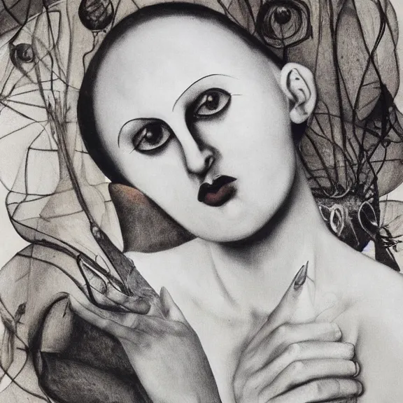 Image similar to evocative surrealist artwork resembling the style of Meret Oppenheim, Claude Cahun, Emila Medková, Valentine Penrose, Lee Miller, Sheila Legge, Unica Zürn