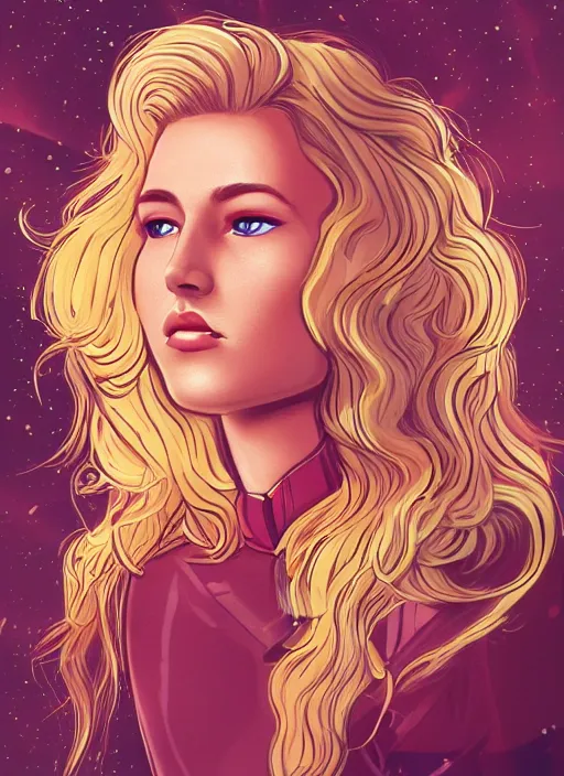 Prompt: young Plejaden woman with wavy blonde hair in a retro spaceship with large windows, detailed digital art, trending on Artstation