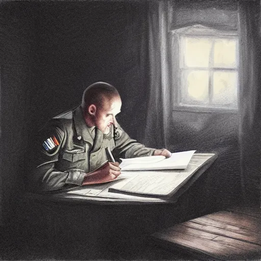 Prompt: a soldier writing a letter during world war 2, realism, dark lit cabin, ray tracing, artstation, horror, candle lighting, old table, world war 2 - n 4