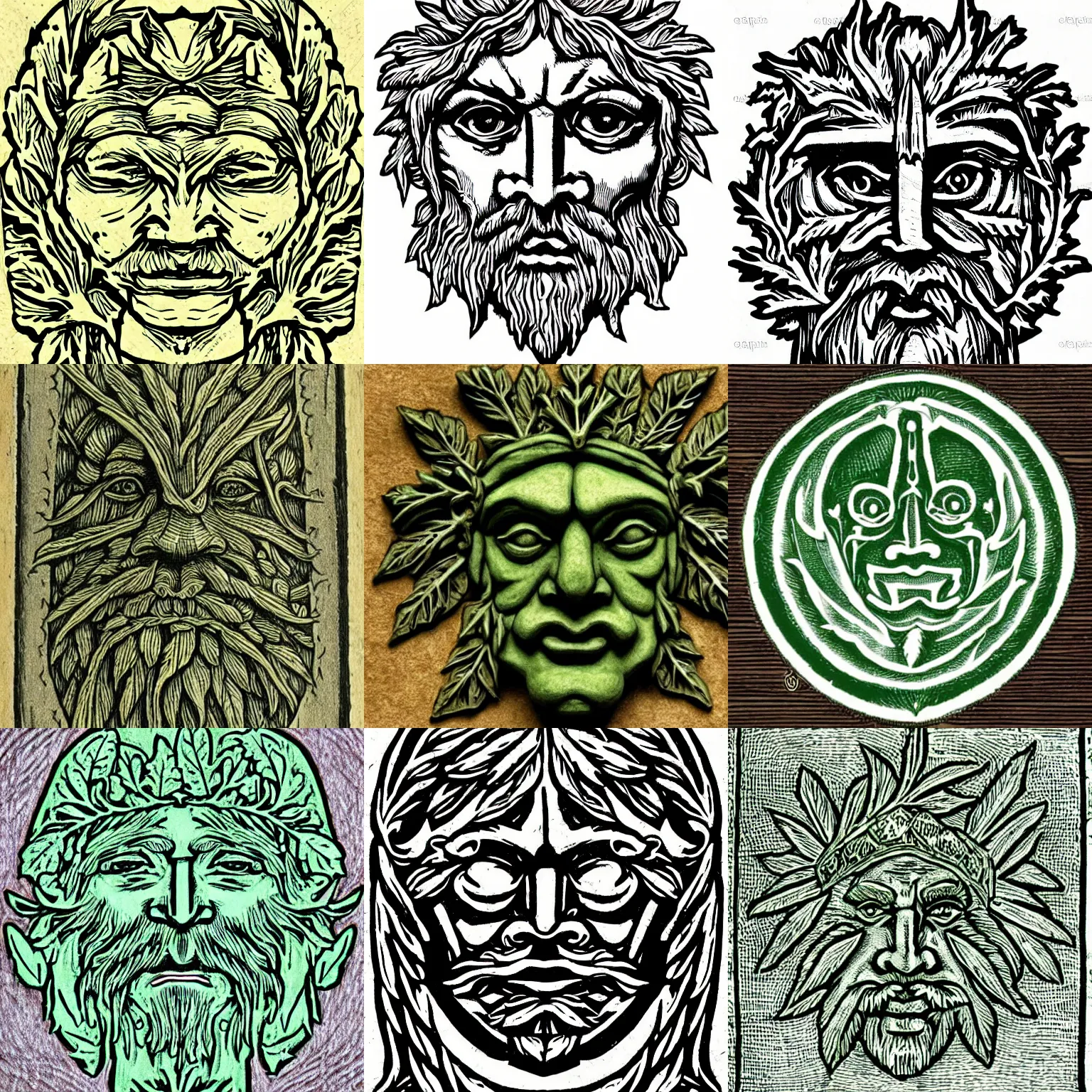 Prompt: a medieval green man face design, highly detailed, oak leaf beard, horizontally symmetrical, woodcut