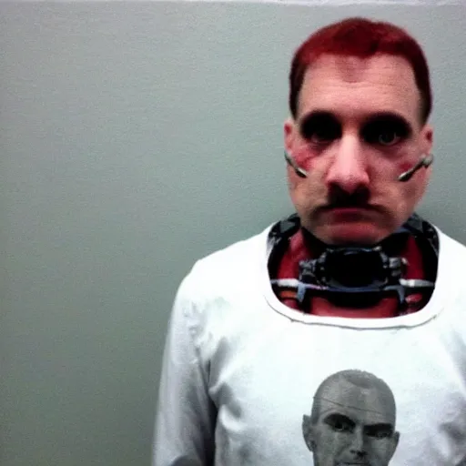 Image similar to grainy photo of an ugly man, wearing bionic implants, cyborg criminal, mugshot background