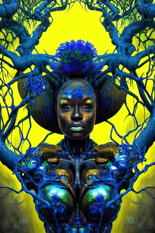 Image similar to hyperrealistic deconstructed super expressive! black woman with exoskeleton armor, merging with tree in a forest, highly detailed digital painting masterpiece smooth cam de leon hannah yata dramatic pearlescent blue yellow light ground angle hd 8k sharp focus