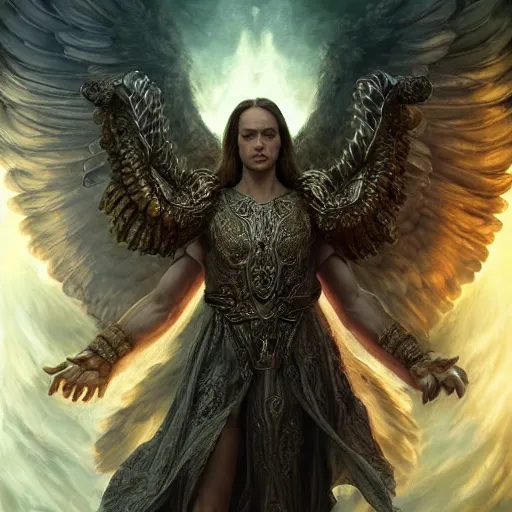 Image similar to Majestic and regal portrait of Archangel Michael, intricate, epic, elegant, menacing, fantasy, highly detailed, digital painting, hard focus, beautiful volumetric lighting, epic light, ultra detailed, by Leesha Hannigan, Ross Tran, Thierry Doizon, Kai Carpenter, Ignacio Fernández Ríos