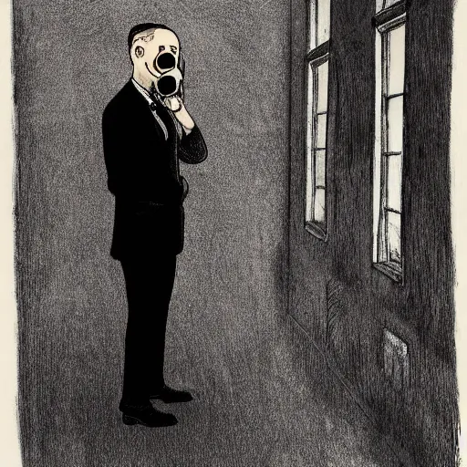 Prompt: A man wearing a suit and a gas mask standing in a white room, illustration, etching, in the style of Otto Dix, high quality, highly detailed, artstation