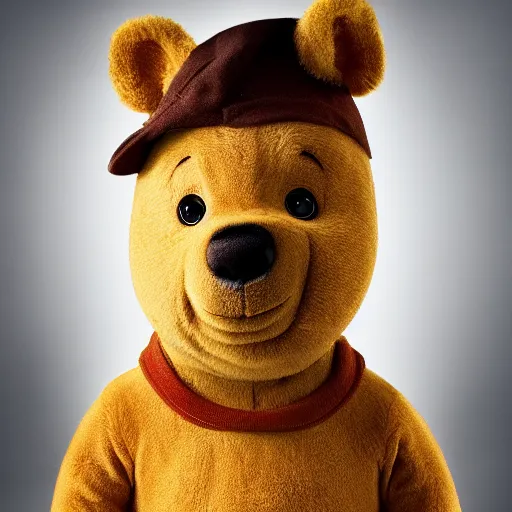 Image similar to photo of a british man who looks like as winnie - the - pooh ( pooh bear ), award winning professional studio photography