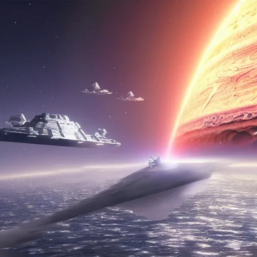 Prompt: epic view of a star destroyer above jupiter, concept art