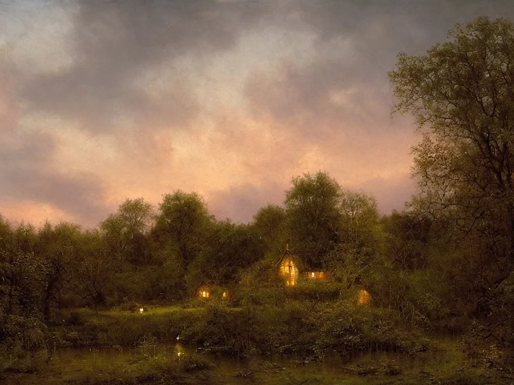 Image similar to a witchhouse in a woodland, evening mood, pink clouds in the evening sky, by clive madgwick