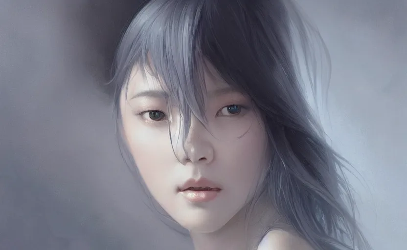 Prompt: beautiful asian woman sitting, soft grey and blue natural light, intricate, digital painting, artstation, concept art, smooth, sharp focus, illustration, art by greg rutkowski and luis rollo and uang guangjian and gil elvgren, symmetry!