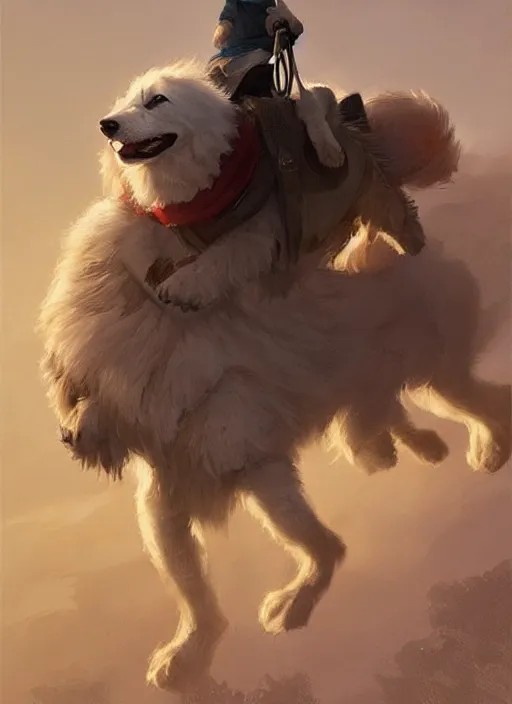 Image similar to comic book cover. giant samoyed dog being ridden by a small young girl. heroic lighting by greg rutkowski, trending on artstation