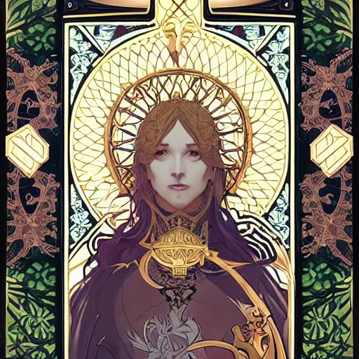 Image similar to tarot card hierophant by william morris and alphonse mucha and stephen bliss, trending pixiv fanbox by ilya kuvshinov, rossdraws, artgerm, sola digital arts, anti aliasing, raytracing