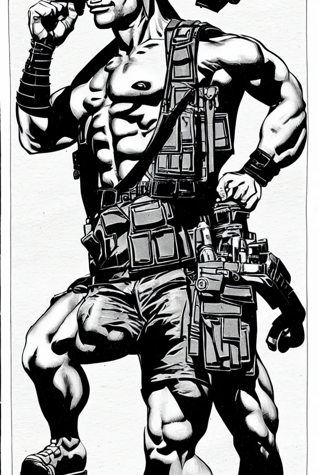 Image similar to muscular man, black vest with no shirt underneath, goggles around his neck, cargo pants, ammo belt, holding a blaster, long black hair in a ponytail, five o' clock shadow, comic book art, full body shot