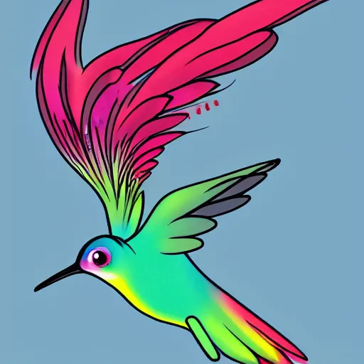 Image similar to frantic hummingbird phoenix zipping around, wanting to explore and investigate everything. it\'s curiosity is unbounded and unsatiable, digital art, trending on artstation, cartoon, stylized, rainbow feathers