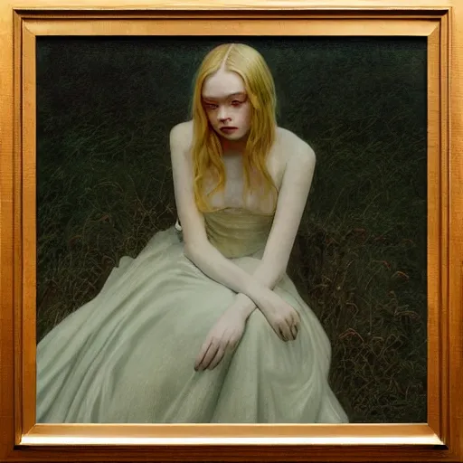 Image similar to Elle Fanning in the painted world of Portrait of a Lady on Fire, head and shoulders masterpiece, apocalypse, golden hour, cosmic horror, artstation, in the style of Andrew Wyeth and Edward Hopper and Bosch, extremely detailed