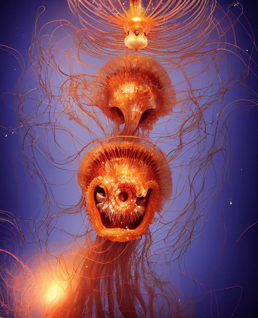 Image similar to close-up portrait of the face of a beautiful princess in a twisted flowers jellyfish mask surrounded by energy flow, epic angle and pose, symmetrical artwork, 3d with depth of field, blurred background, floating jellyfish skull phoenix bird, translucent, nautilus, energy flows of water and fire. a highly detailed epic cinematic concept art CG render. made in Maya, Blender and Photoshop, octane render, excellent composition, cinematic dystopian brutalist atmosphere, dynamic dramatic cinematic lighting, aesthetic, very inspirational, arthouse. y Greg Rutkowski, Ilya Kuvshinov, WLOP, Stanley Artgerm Lau, Ruan Jia and Fenghua Zhong