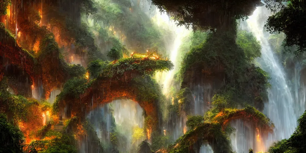 Image similar to a digital painting of a cave entrance in a mystical forest with waterfalls and vines hanging from trees, fireflies glowing in various colors, desaturated, a detailed matte painting by stephan martiniere, cgsociety, fantasy art, matte painting, concept art, fractalism, night