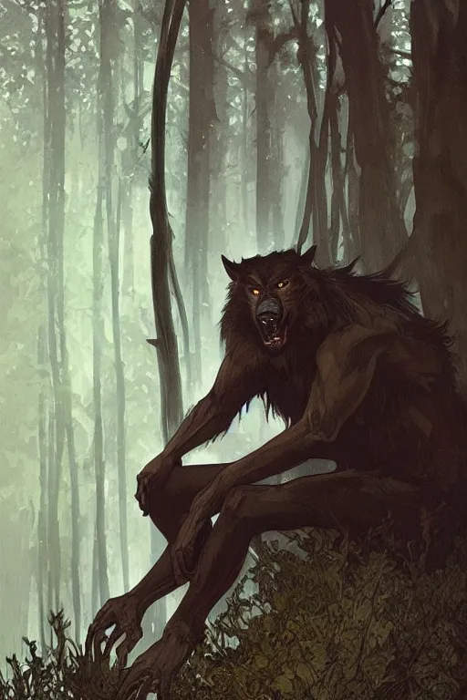 Prompt: fullbody portrait of a male werewolf, bared teeth, long claws, by greg rutkowski and alphonse mucha, gradient brown to silver, in front of a forest at night background, highly detailed portrait, digital painting, artstation, concept art, smooth, sharp focus illustration