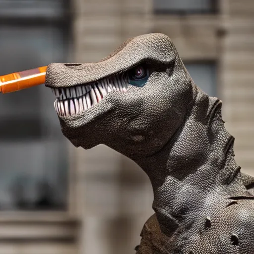 Image similar to dinosaur smoking a cigarette and blowing smoke realistic 8 k hdr 3 5 mm