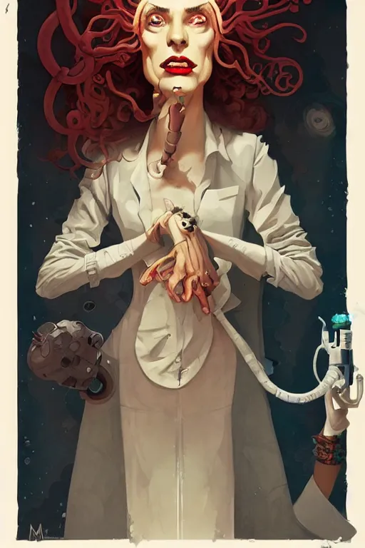 Prompt: portrait of mad lady scientist, stylized illustration by peter mohrbacher, moebius, mike mignola, colorful comics style,