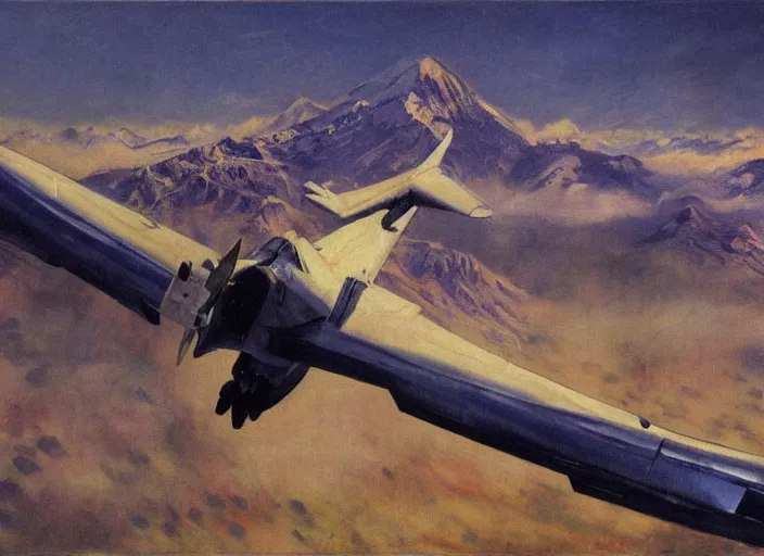 Prompt: illustration of the chilean coup d'etat of a plane flying at full speed between buildings in futuristic santiago de chile with the andes mountain range in the background in a dystopian future by john berkey and monet