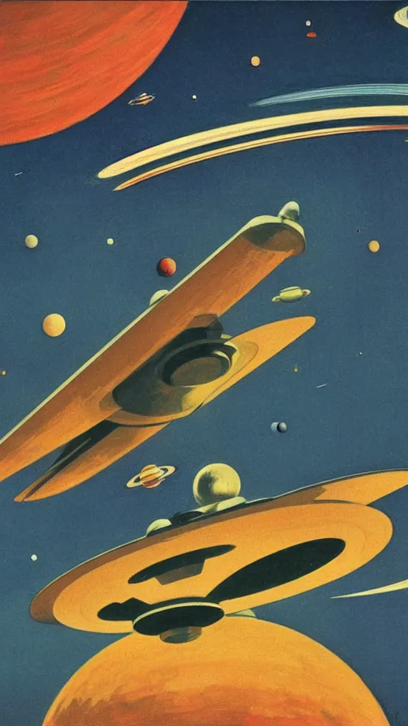 Image similar to a spaceship flying through a solar system, 1950s art deco, retrofuturism, edward hopper