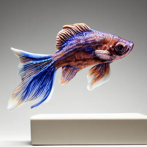 Image similar to a photo - real delicate ceramic porcelain sculpture of an ornate detailed betta fish in front of a intricate background by victo ngai and takato yamamoto, micro detail, backlit lighting, subsurface scattering, translucent, thin porcelain, octane renderer, colorful, physically based rendering, japanese pottery, trending on cgsociety