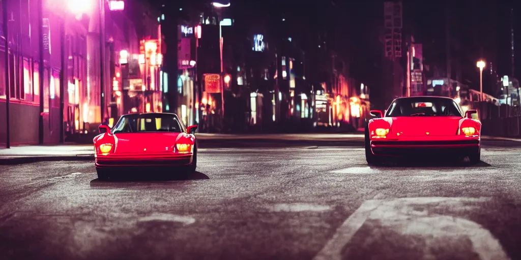 Prompt: Lone 80s red Porsche sports car doing a burnout on a deserted city street at night time, purple lighted street, wide angle, cinematic, hard focus, retro-wave vibes, grainy, soft motion blur, VHS Screencap