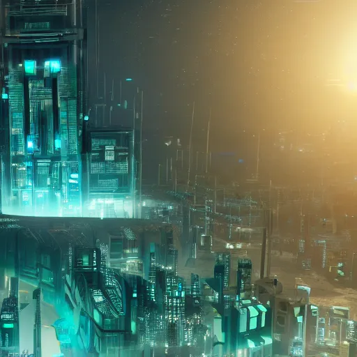 Image similar to photo of a futuristic city in a dystopian future made of electronic components and looks like a giant pcb board. Very detailed 8k. Unreal engine 5 render with nanite, global illumination and path tracing. Cinematic post processing. Emphasize on the colors green and blue.