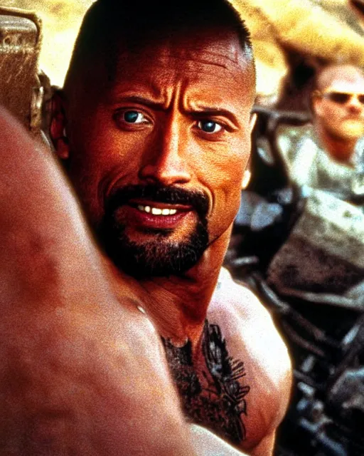 Image similar to film still close up shot of dwayne johnson as max rockatansky in the movie mad max 2 the road warrior. photographic, photography