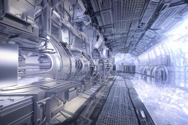 Image similar to hadron antimatter vacuum reactor. cern accelerator. high tech space age antimatter nacelle. photorealistic. 4 k. god rays. highly detailed. vray rendering. unreal engine.