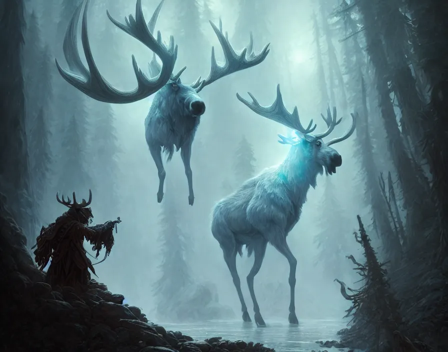 Prompt: concept art of a fantasy moose ghost, intricate, d & d, fantasy, art nouveau, digital painting, trending on artstation, sharp focus, illustration, global illumination, ray tracing, art by artgerm and greg rutkowski and ruan jia