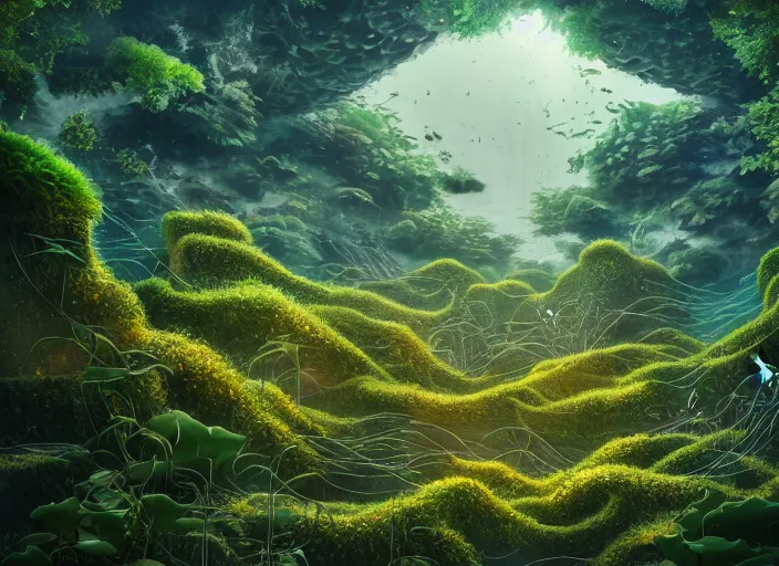 Image similar to overgrown foliage overtaking a maze of tall japanese architecture, underwater environment, borealis, scenery, professional, award - winning, trending on artstation, hyper detailed, realistic, beautiful, emotional, shiny, golden, picture