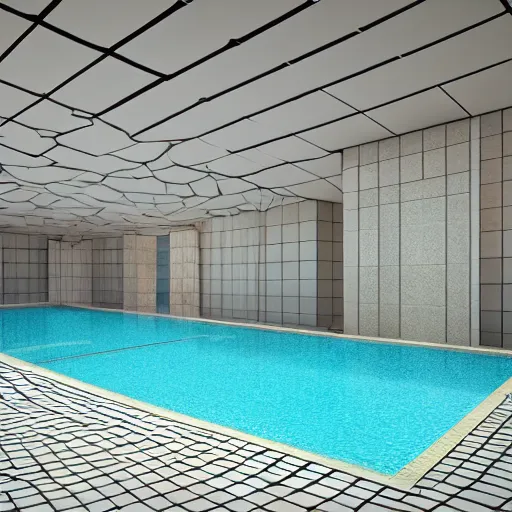 Image similar to a large swimming pool with a tiled ceiling, an album cover by ricardo bofill, behance, photorealism, vray tracing, vray, chillwave